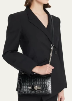 McQueenShiny Croc-Embossed Jeweled Shoulder Bag