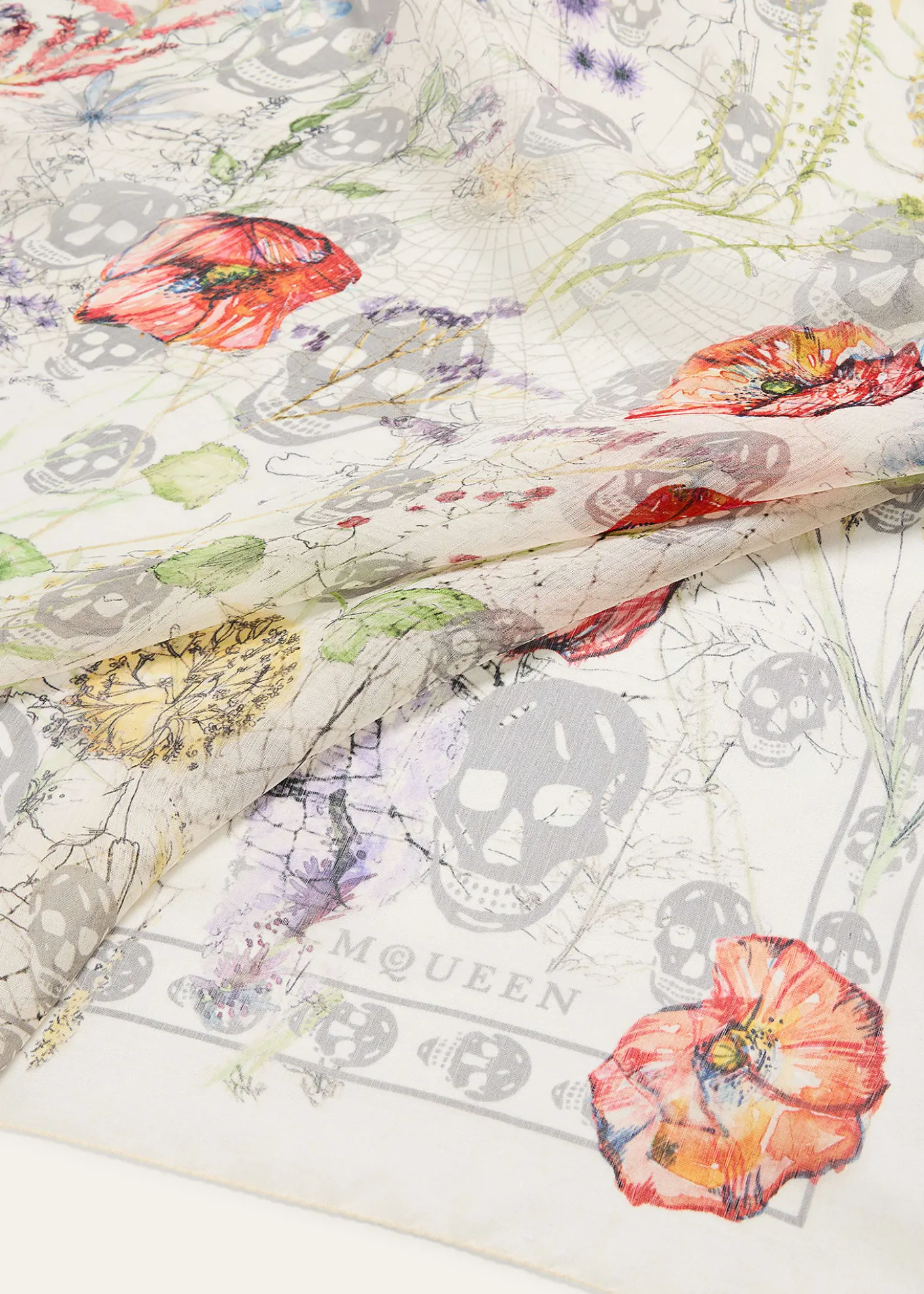 McQueenSkull & Spider Floral Silk Scarf