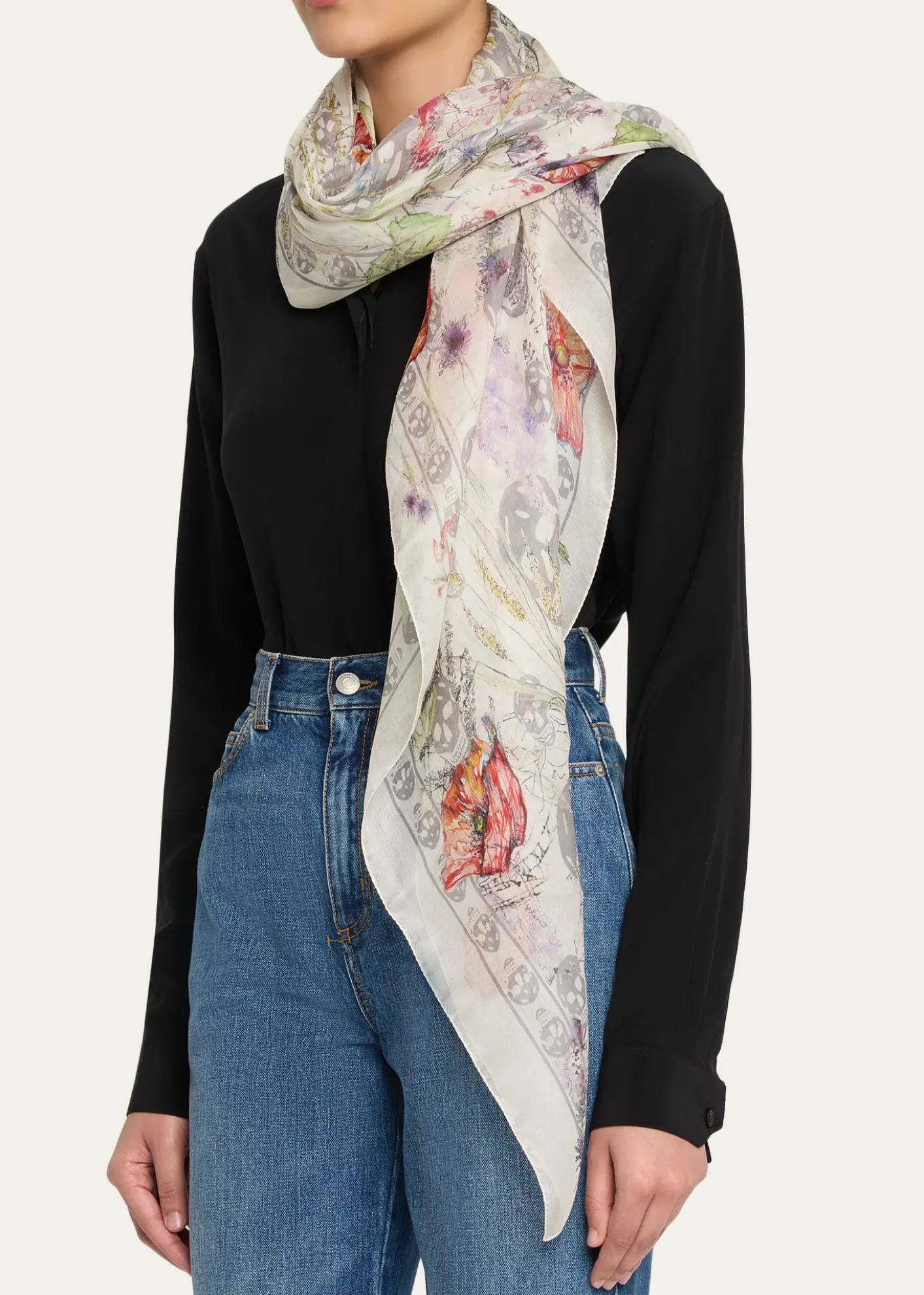 McQueenSkull & Spider Floral Silk Scarf