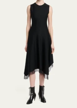 McQueenSleeveless Lace-Trim Asymmetric Handkerchief Midi Dress