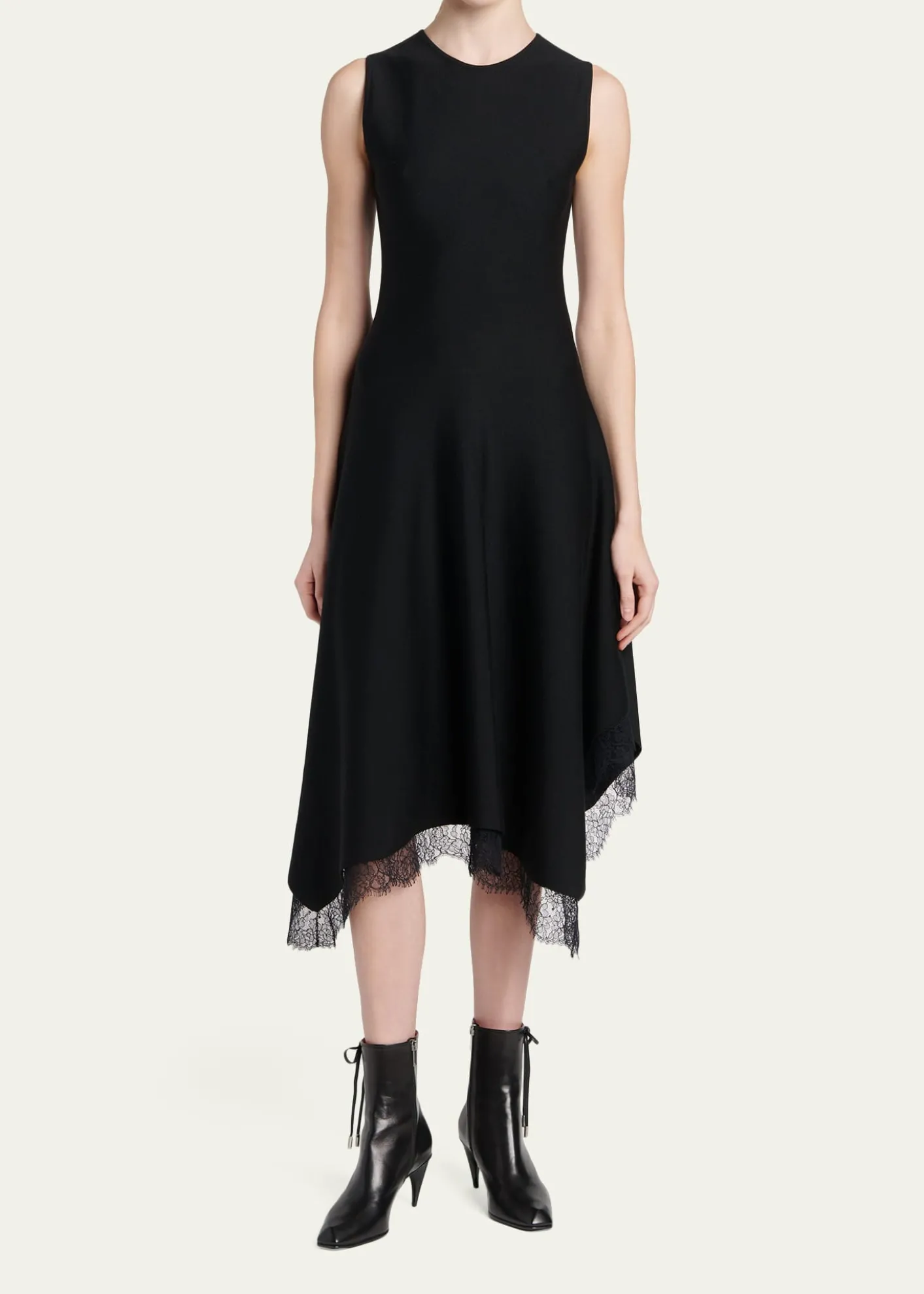 McQueenSleeveless Lace-Trim Asymmetric Handkerchief Midi Dress