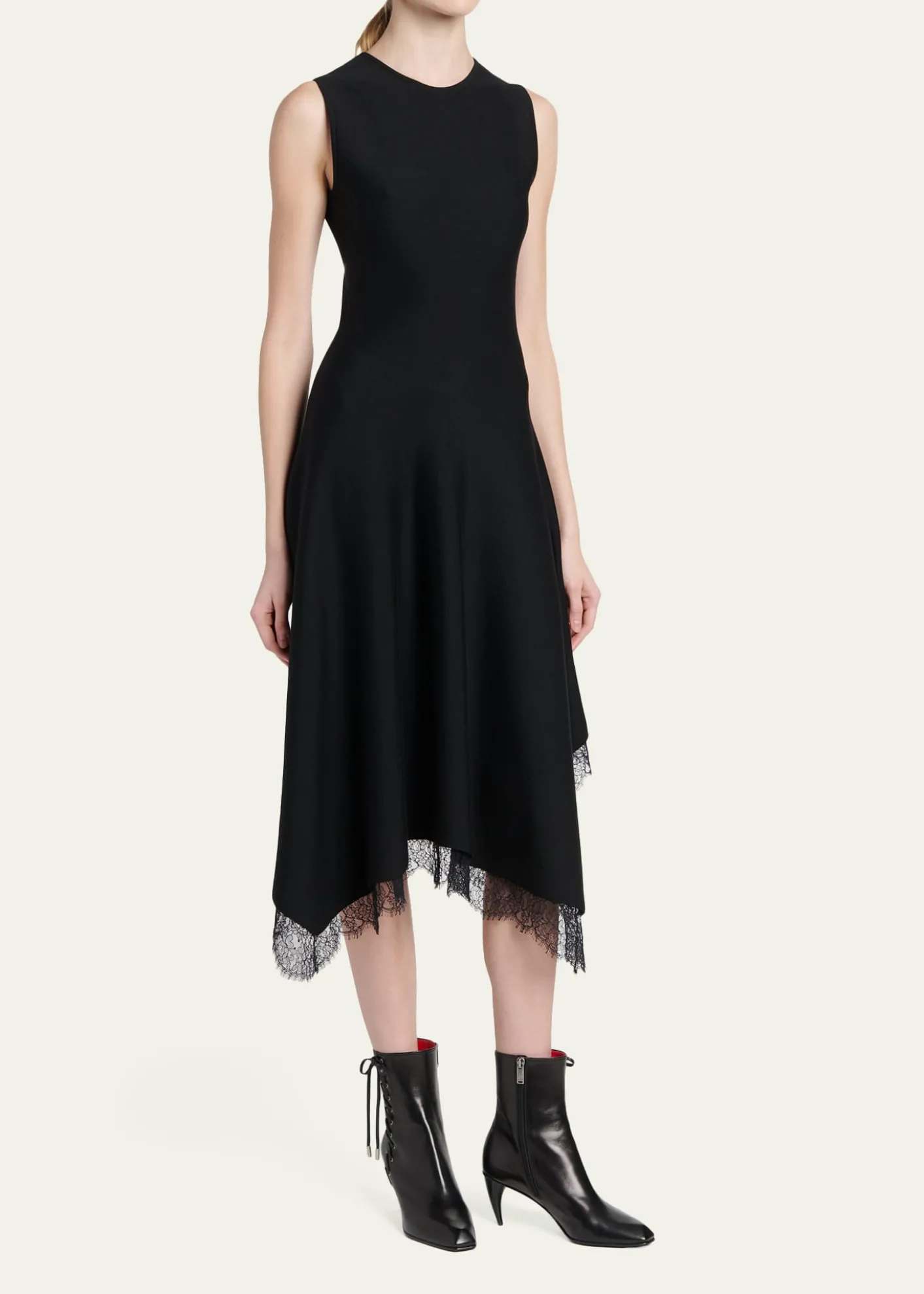 McQueenSleeveless Lace-Trim Asymmetric Handkerchief Midi Dress