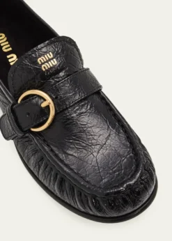 Miu MiuCrinkled Leather Buckled Moccasin Loafers