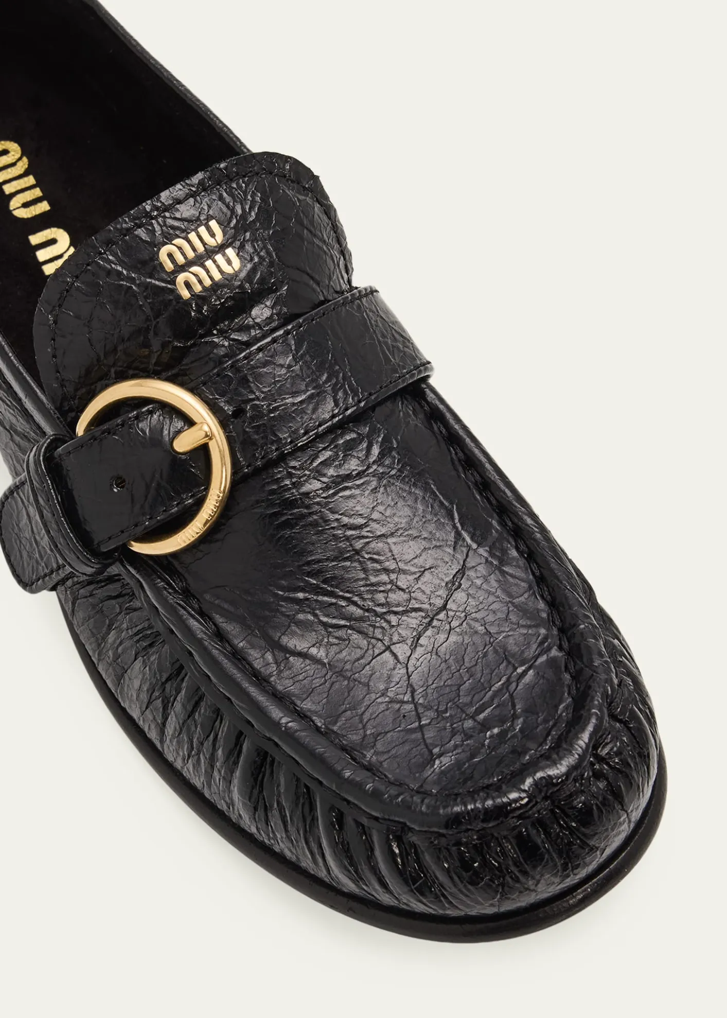 Miu MiuCrinkled Leather Buckled Moccasin Loafers