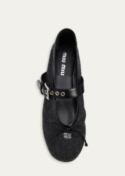 Miu MiuFlannel Leather-Strap Ballerina Flats