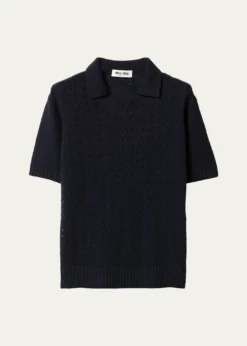 Miu MiuPointelle Cashmere Knit Short-Sleeve Polo Sweater