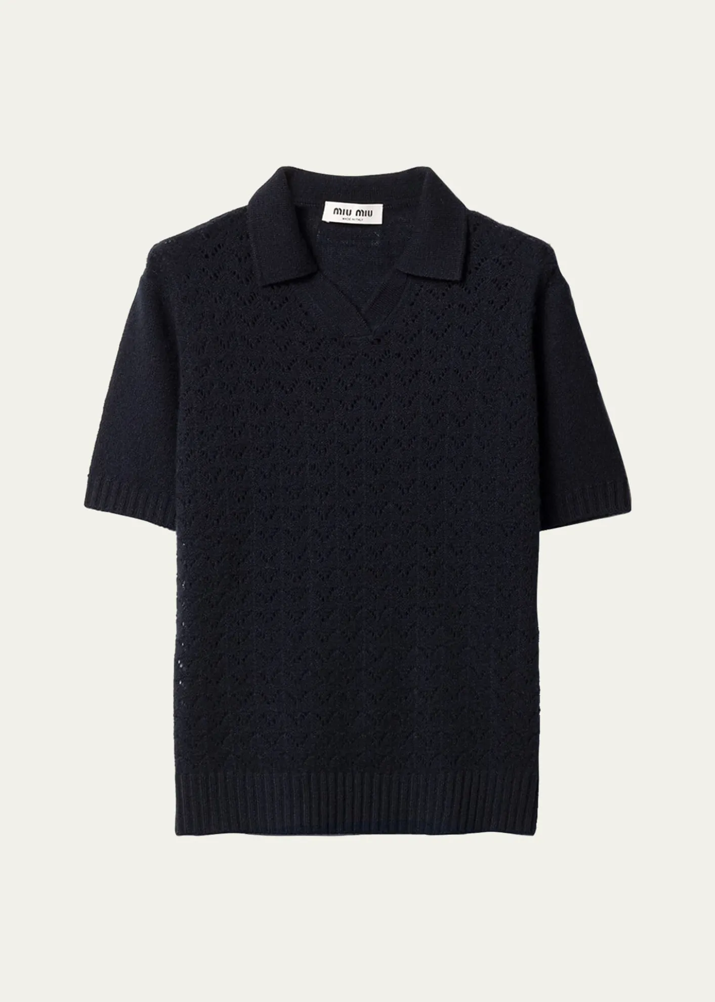 Miu MiuPointelle Cashmere Knit Short-Sleeve Polo Sweater
