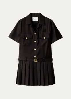 Miu MiuShort-Sleeve Pleated Mini Shirtdress With Belt