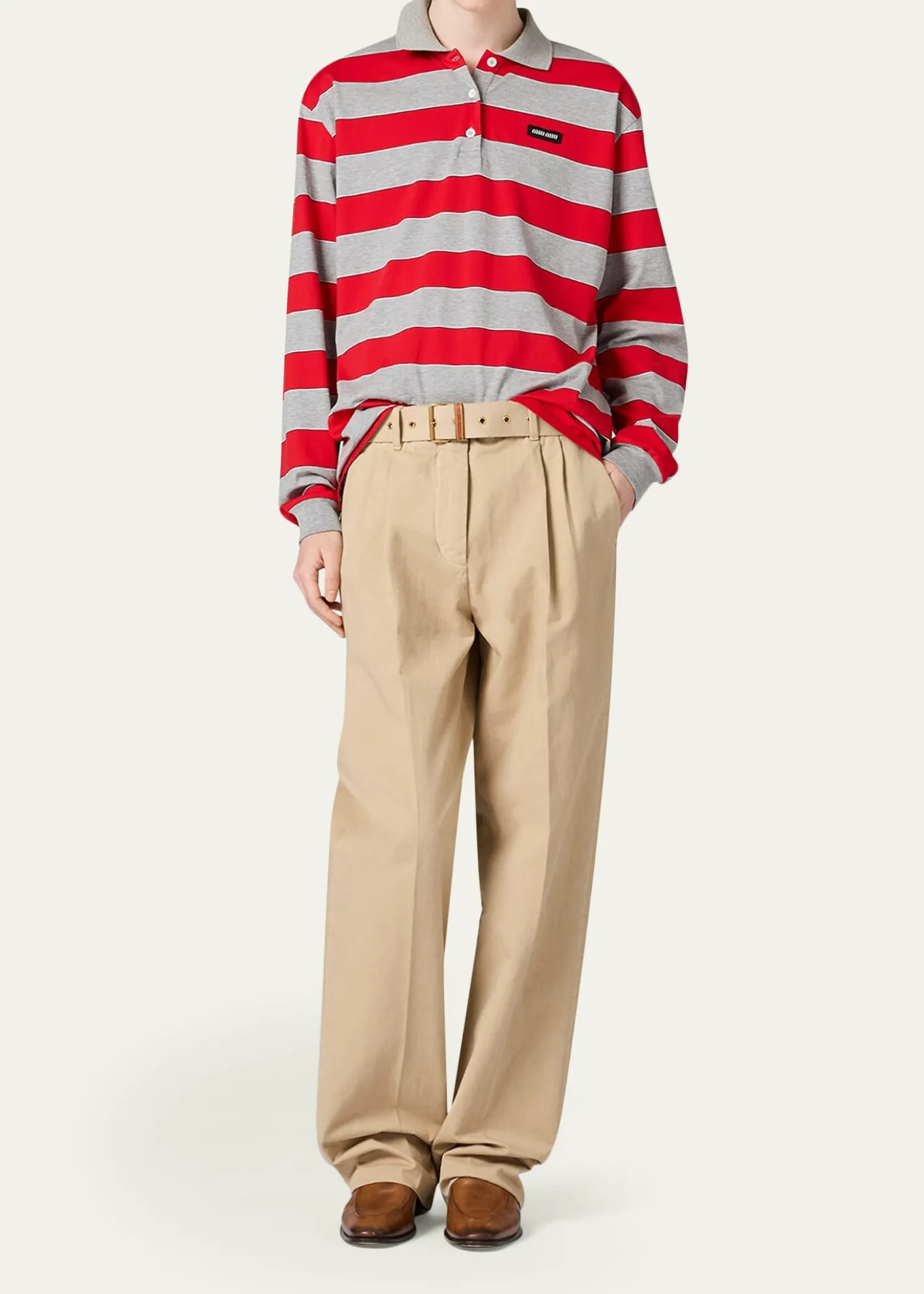 Miu MiuStriped Long-Sleeve Oversized Polo Shirt