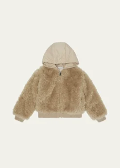 MonclerGirl's Teddy Zip-Front Cardigan with Nylon Hood, Size 12-14