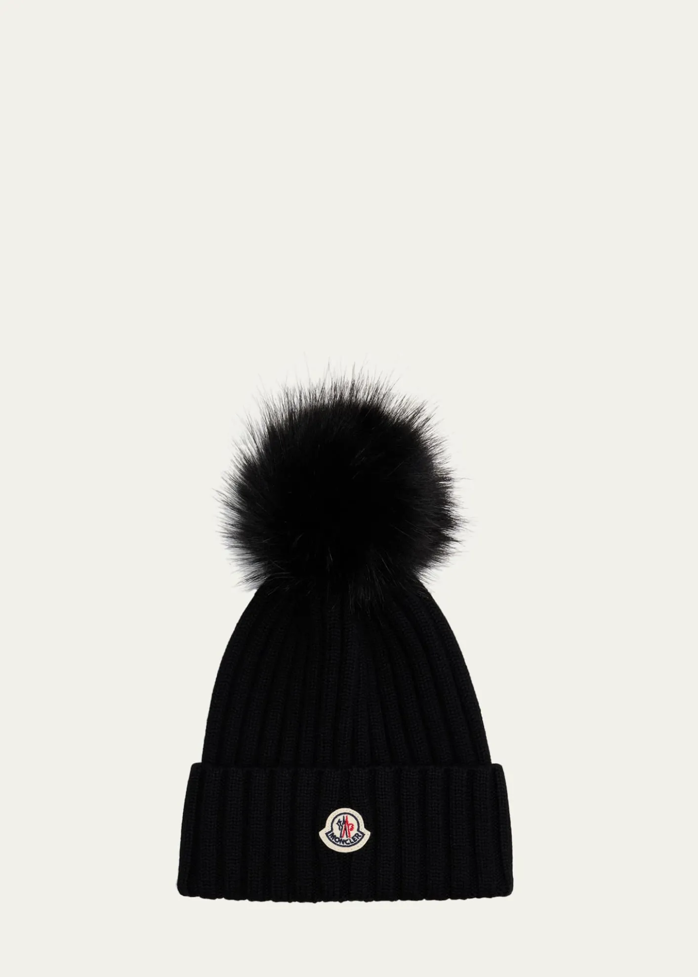 MonclerRibbed Beanie with Faux Fur Pom