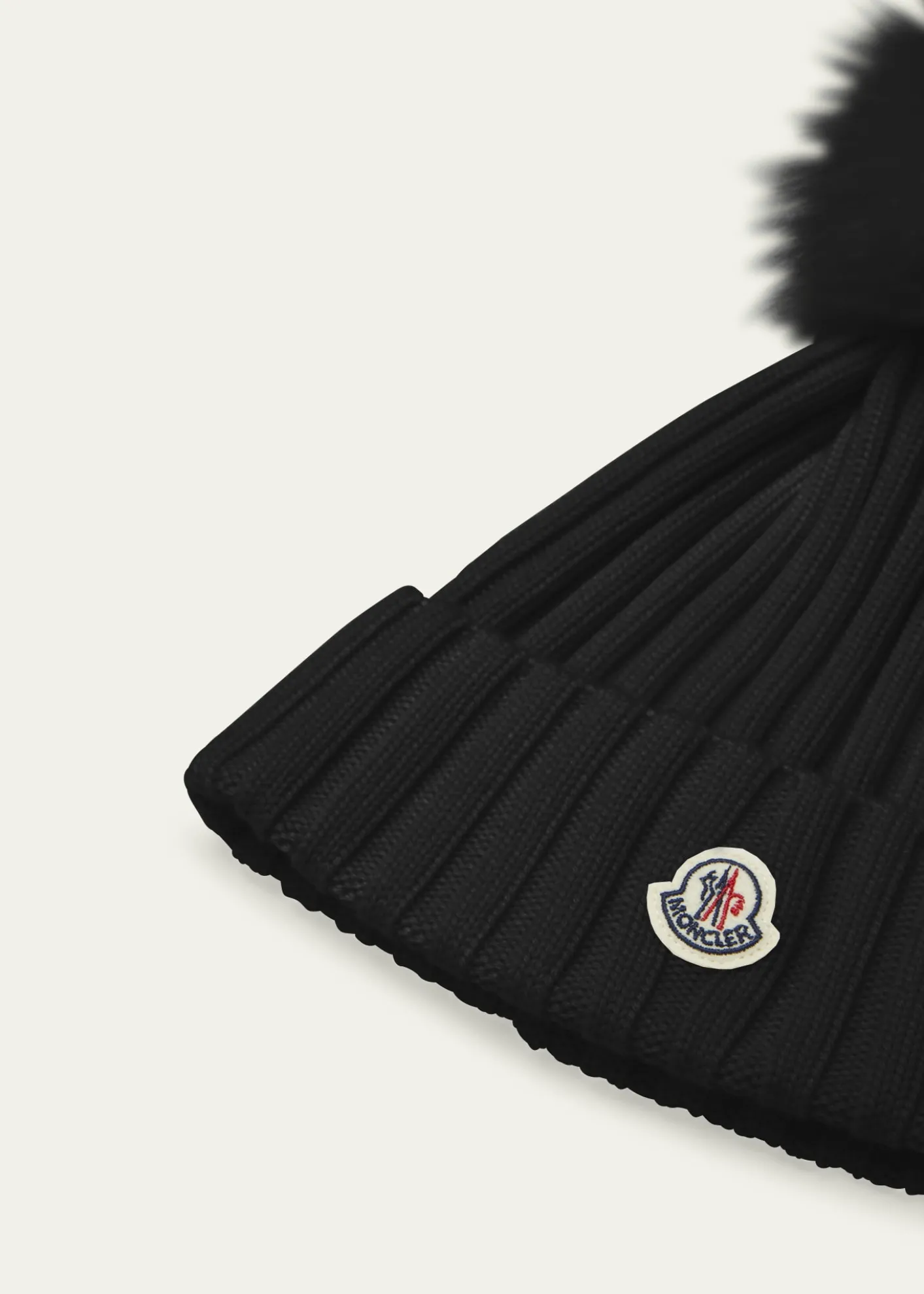 MonclerRibbed Logo Beanie with Faux Fur Pom