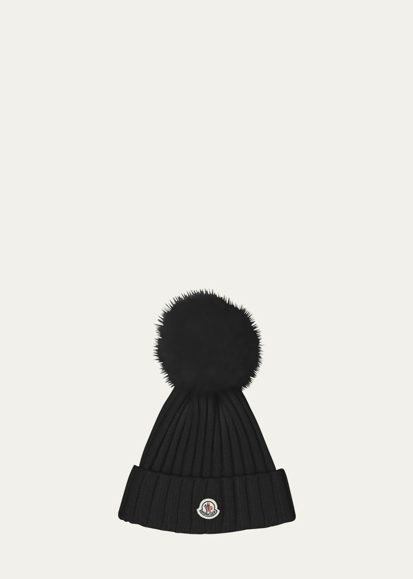 MonclerRibbed Logo Beanie with Faux Fur Pom