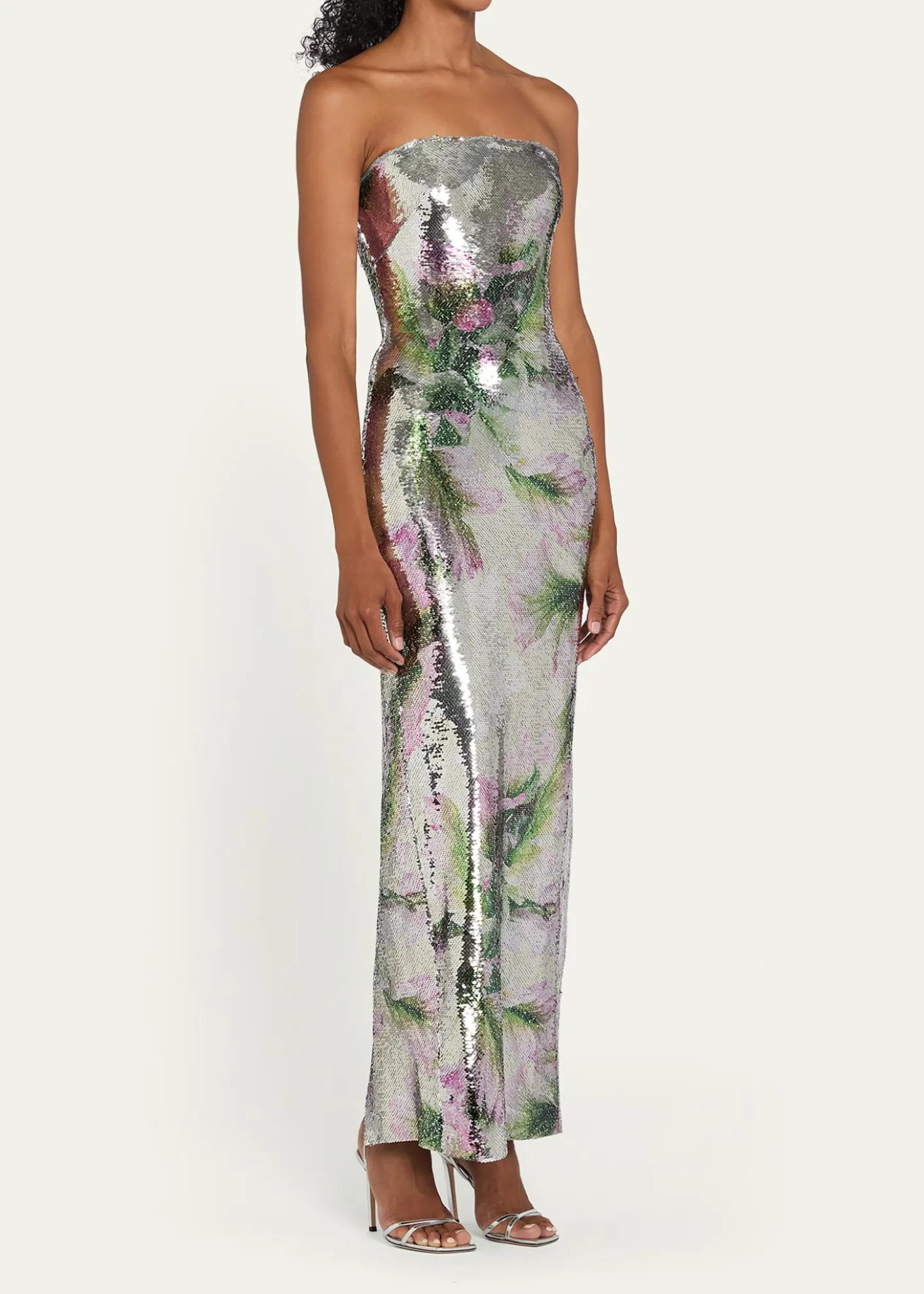 Monique LhuillierFloral-Print Sequined Strapless Column Gown