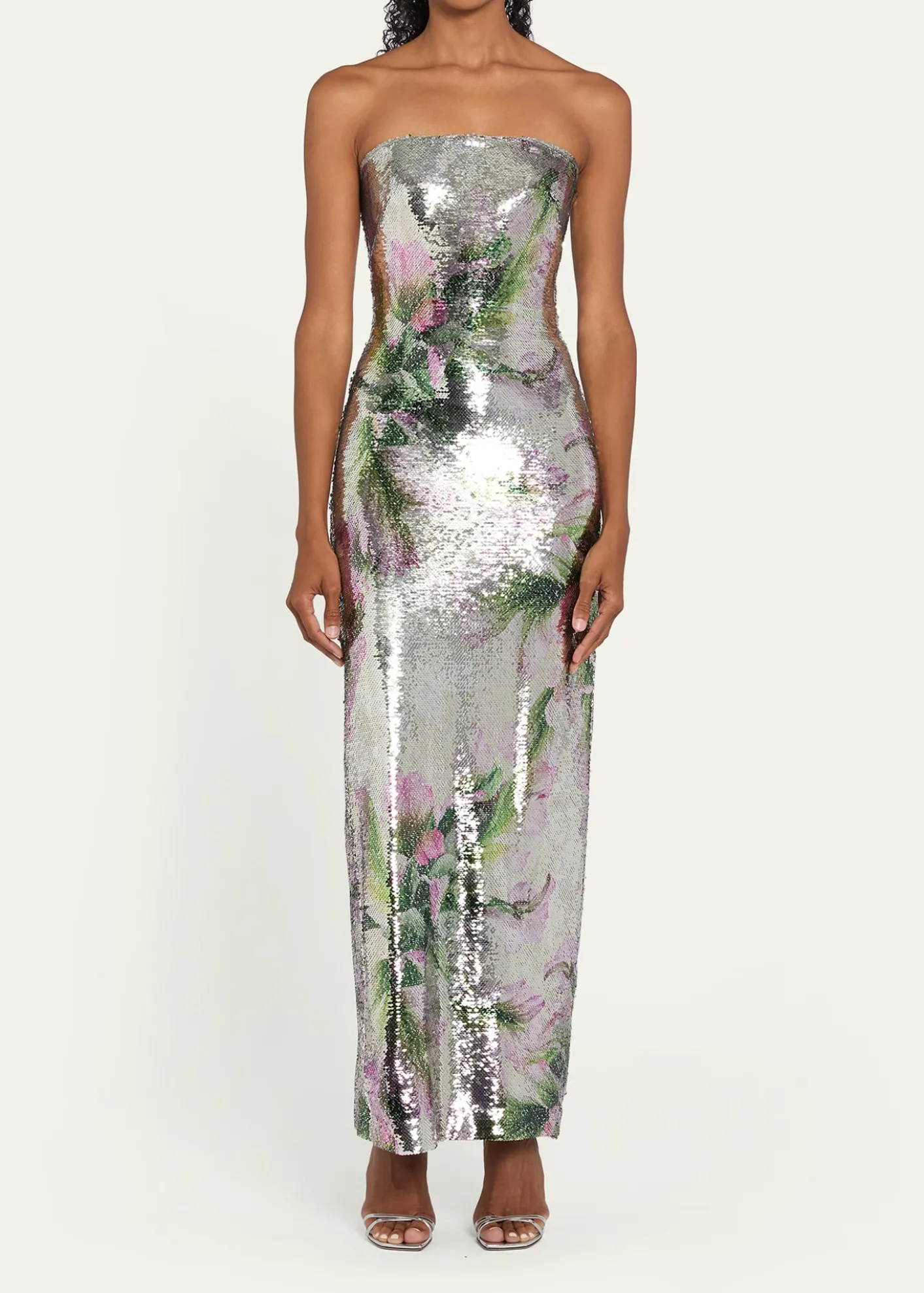Monique LhuillierFloral-Print Sequined Strapless Column Gown