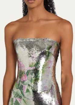 Monique LhuillierFloral-Print Sequined Strapless Column Gown
