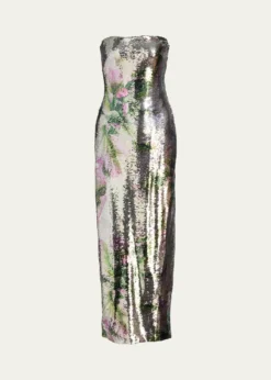 Monique LhuillierFloral-Print Sequined Strapless Column Gown