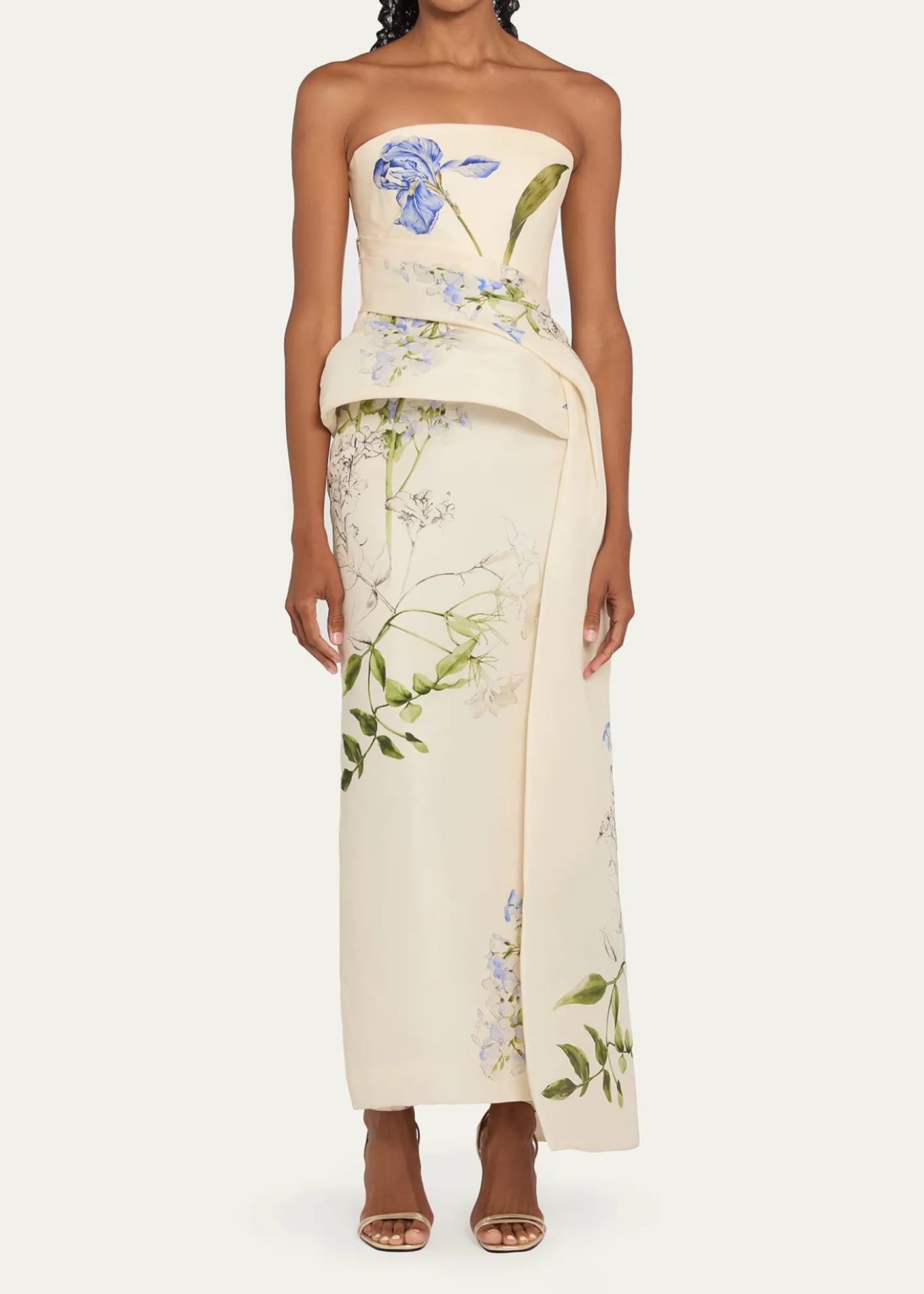 Monique LhuillierIris Gazar Silk Strapless Peplum Drape Ankle Gown