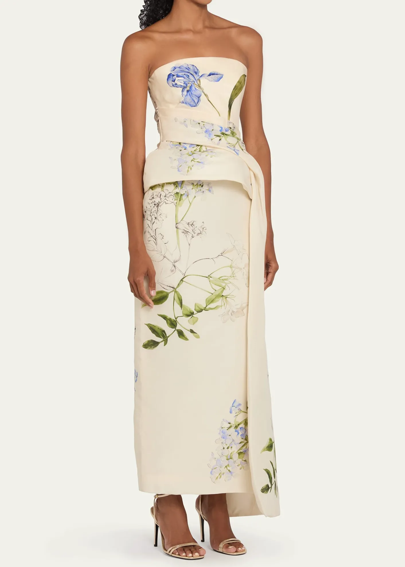 Monique LhuillierIris Gazar Silk Strapless Peplum Drape Ankle Gown