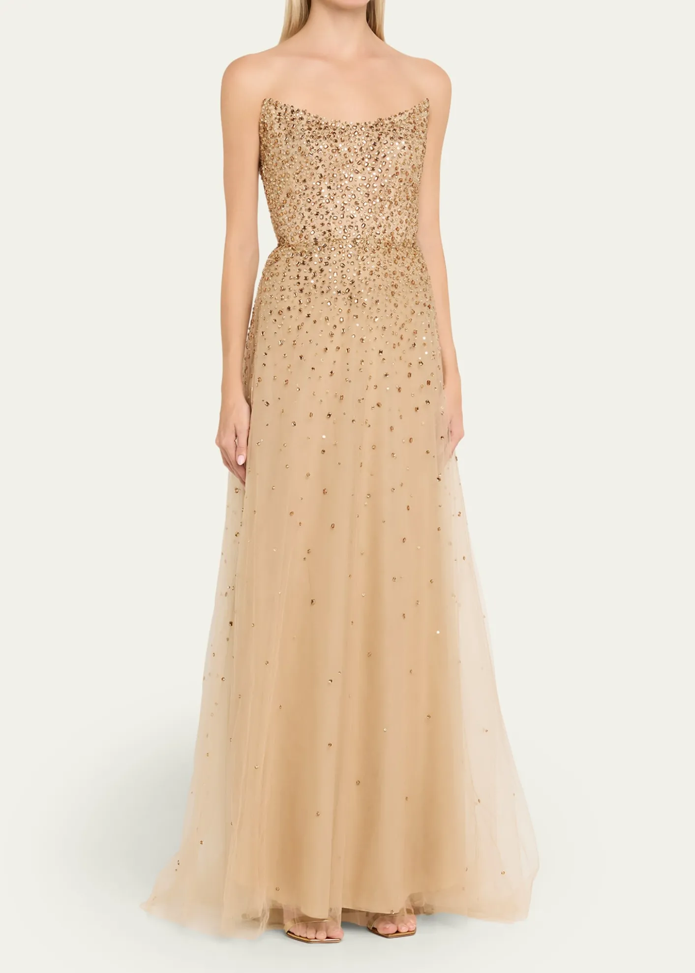 Monique LhuillierStrapless Crystal Embellished Tulle Gown