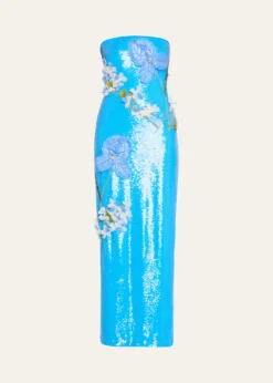 Monique LhuillierStrapless Iris Applique Sequined Gown