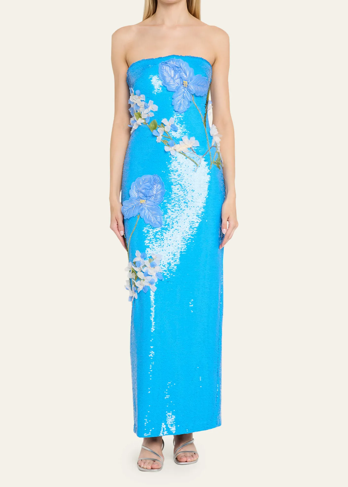 Monique LhuillierStrapless Iris Applique Sequined Gown