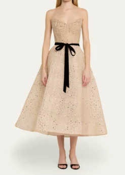 Monique LhuillierStrapless Crystal Organza Cocktail Dress