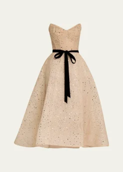 Monique LhuillierStrapless Crystal Organza Cocktail Dress