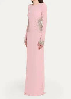 Naeem KhanCrystal Crepe Long-Sleeve Strong-Shoulder Gown