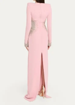 Naeem KhanCrystal Crepe Long-Sleeve Strong-Shoulder Gown