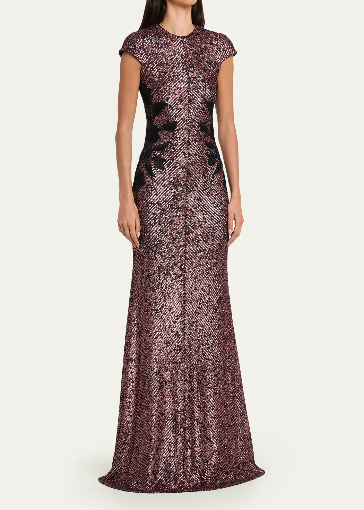 Naeem KhanFloral Applique Short-Sleeved Sequin Gown