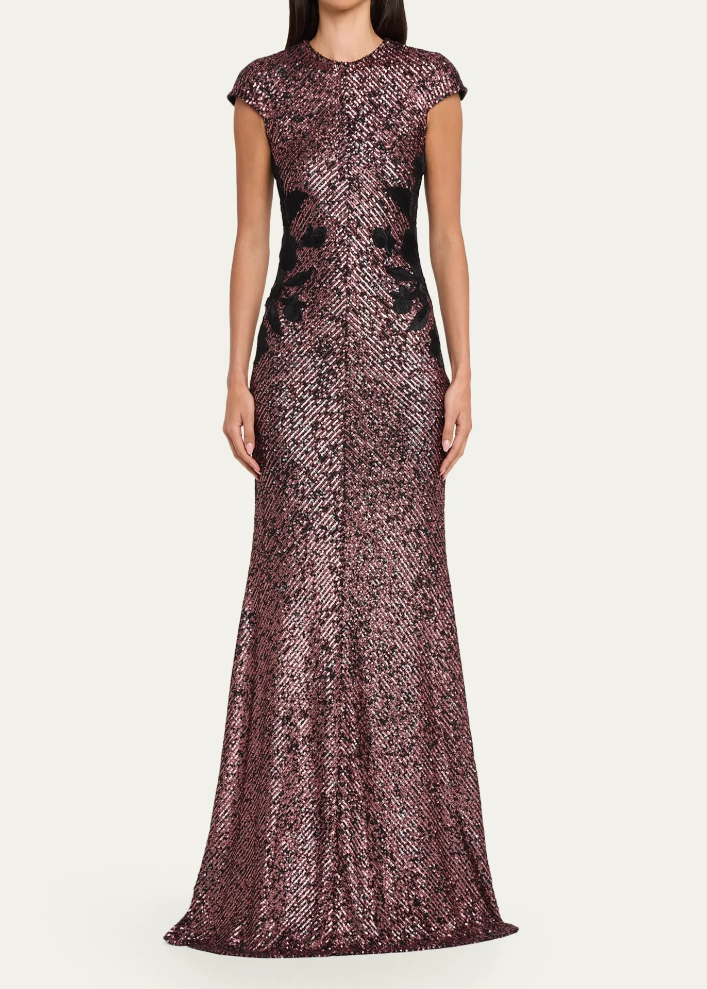 Naeem KhanFloral Applique Short-Sleeved Sequin Gown