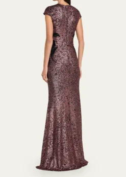 Naeem KhanFloral Applique Short-Sleeved Sequin Gown