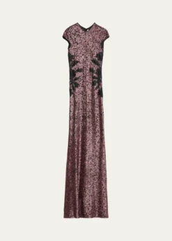 Naeem KhanFloral Applique Short-Sleeved Sequin Gown