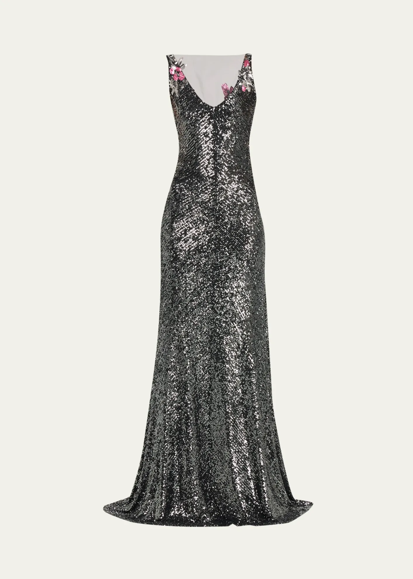Naeem KhanFloral Applique Stretch Sequin V-Neck Gown