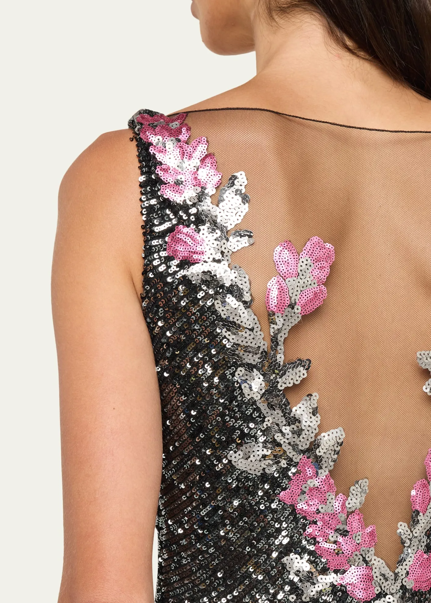 Naeem KhanFloral Applique Stretch Sequin V-Neck Gown