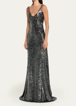 Naeem KhanFloral Applique Stretch Sequin V-Neck Gown