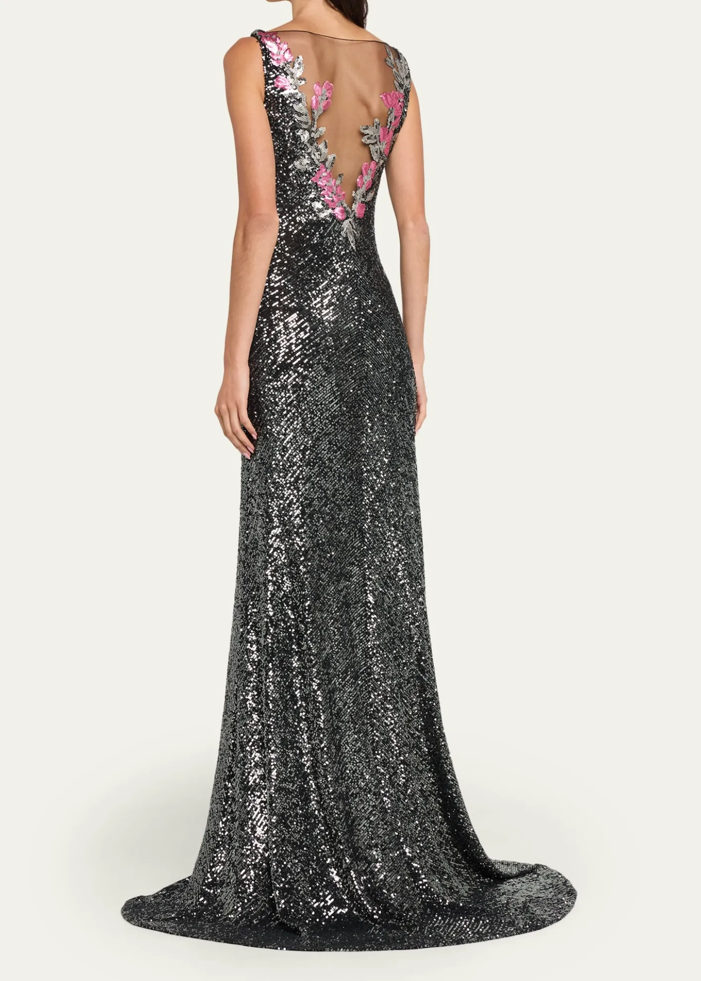 Naeem KhanFloral Applique Stretch Sequin V-Neck Gown