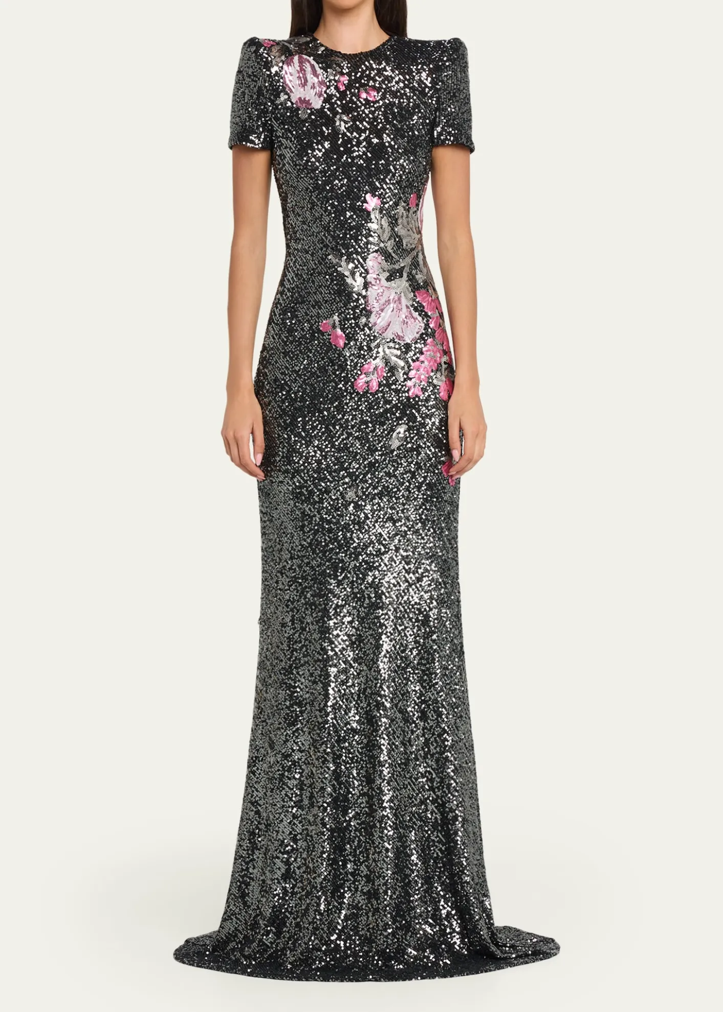 Naeem KhanFloral Applique Stretch Sequin Cap-Sleeve Gown