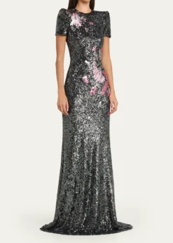 Naeem KhanFloral Applique Stretch Sequin Cap-Sleeve Gown