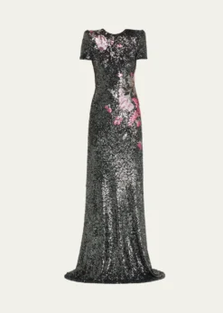 Naeem KhanFloral Applique Stretch Sequin Cap-Sleeve Gown