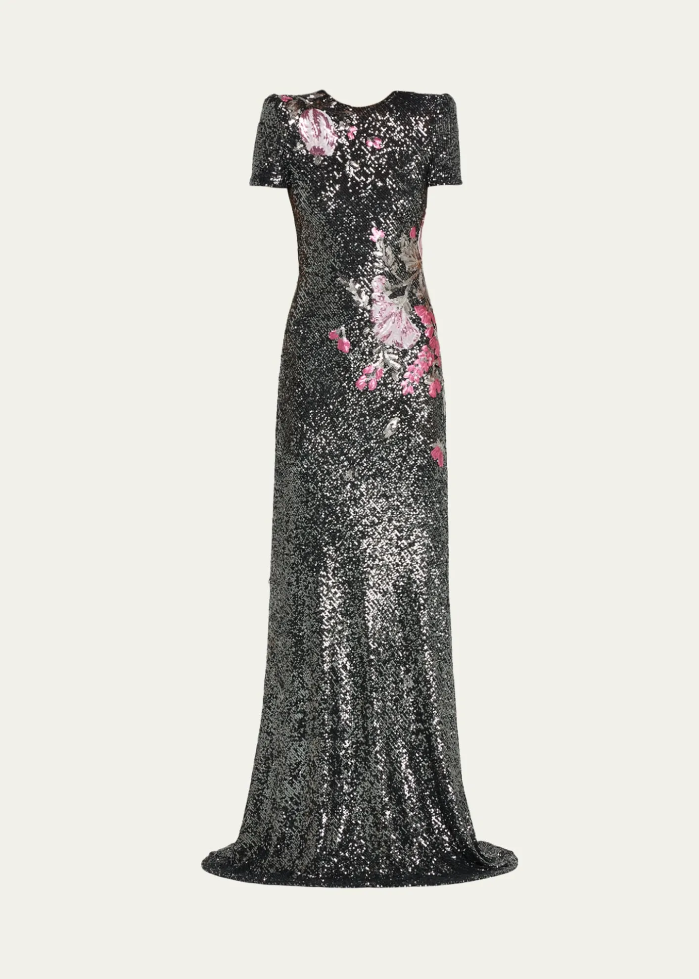 Naeem KhanFloral Applique Stretch Sequin Cap-Sleeve Gown