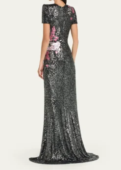 Naeem KhanFloral Applique Stretch Sequin Cap-Sleeve Gown