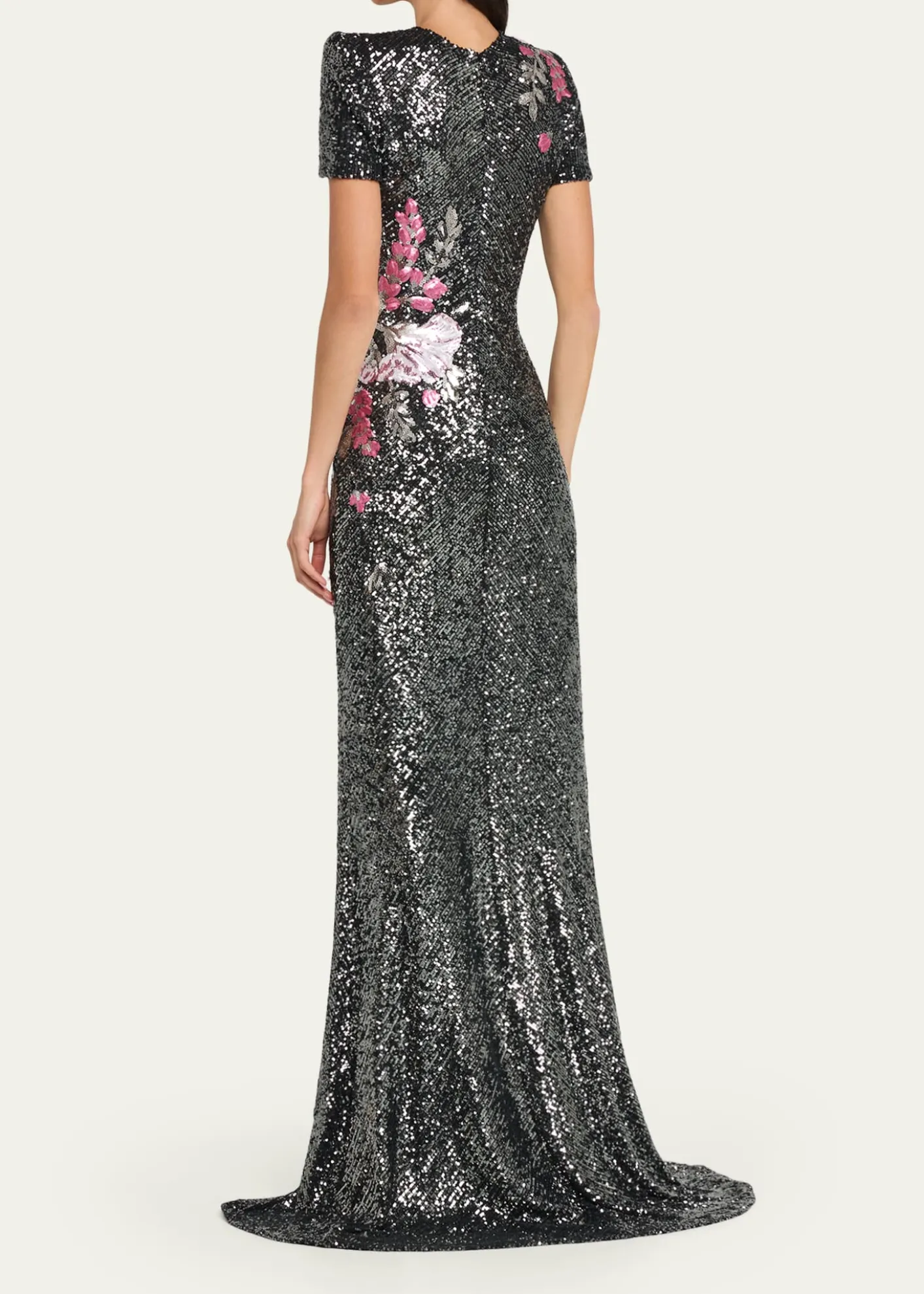 Naeem KhanFloral Applique Stretch Sequin Cap-Sleeve Gown