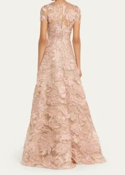 Naeem KhanFloral Raffia Embroidered Tulle Short-Sleeve Gown