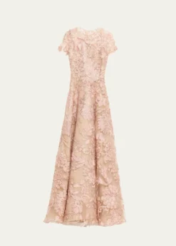 Naeem KhanFloral Raffia Embroidered Tulle Short-Sleeve Gown