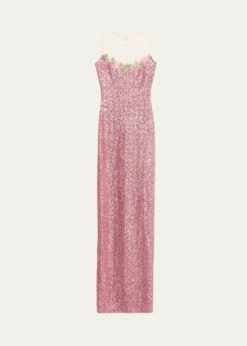 Naeem KhanIllusion Yoke Sequined Floral Applique Sleeveless Gown