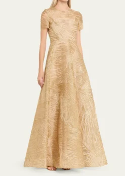 Naeem KhanMetallic Raffia Embroidered Short-Sleeve Gown