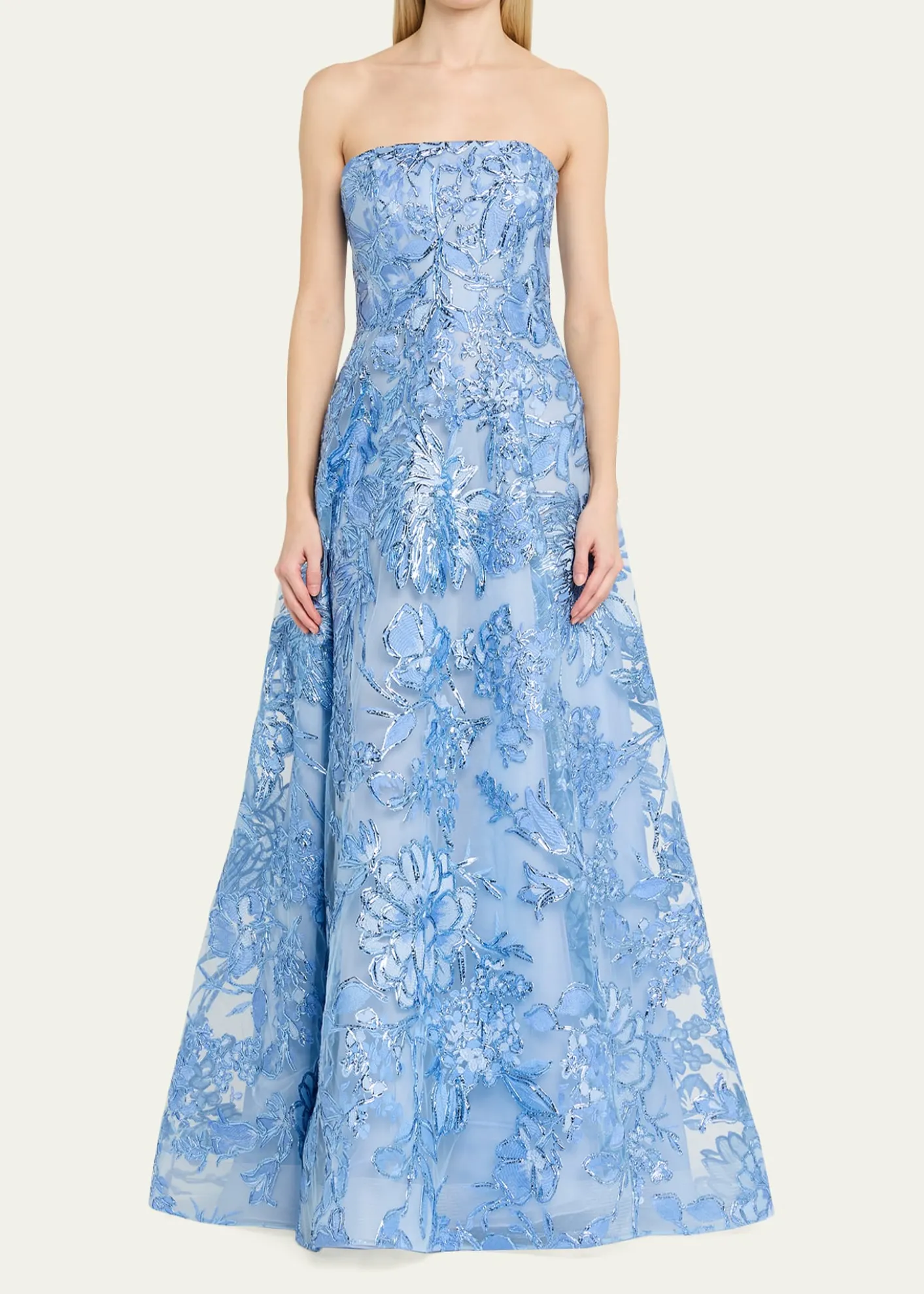 Naeem KhanStrapless Metallic Raffia Embroidered Gown