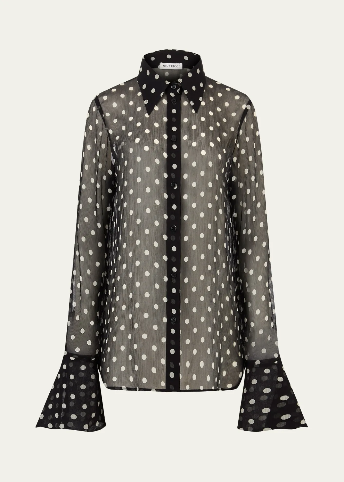 Nina RicciChiffon Polka Dot Bell Cuff Blouse